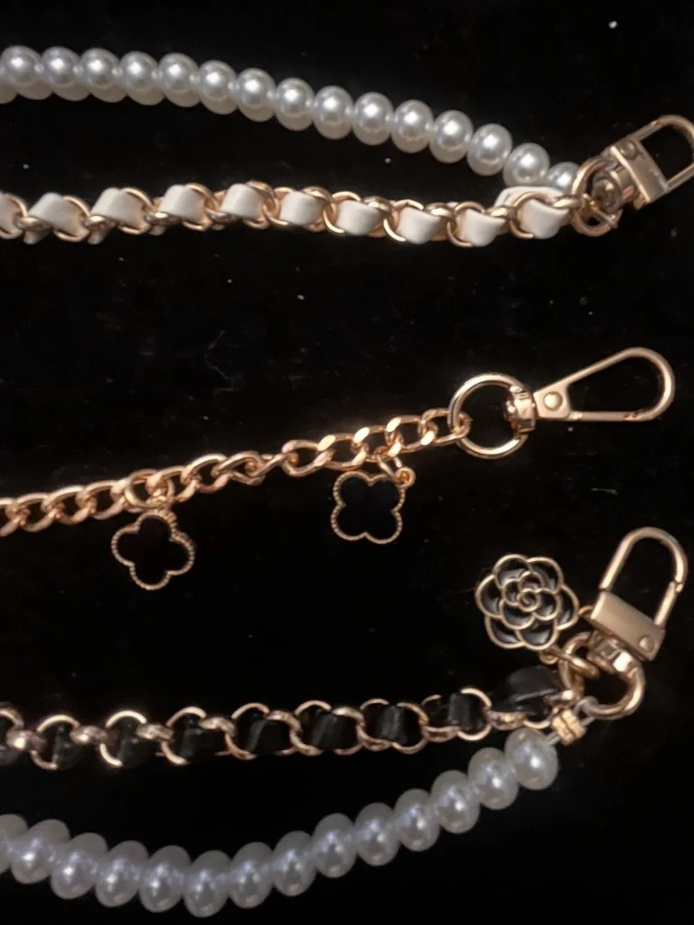Pearl and Gold-Tone Chain Strap with Clover Charms for Purses/Bags